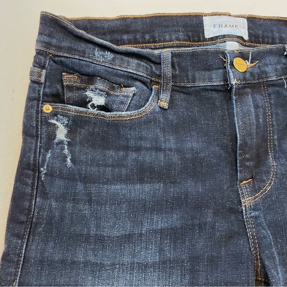 Frame Le Garcon Crop Chewed Hem Jeans Women’s 28 Dark Blue Wash Distress Stretch - Picture 7 of 16